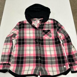 Justice Girls Hooded Shirt - Pink, White, Black Plaid - Sz M